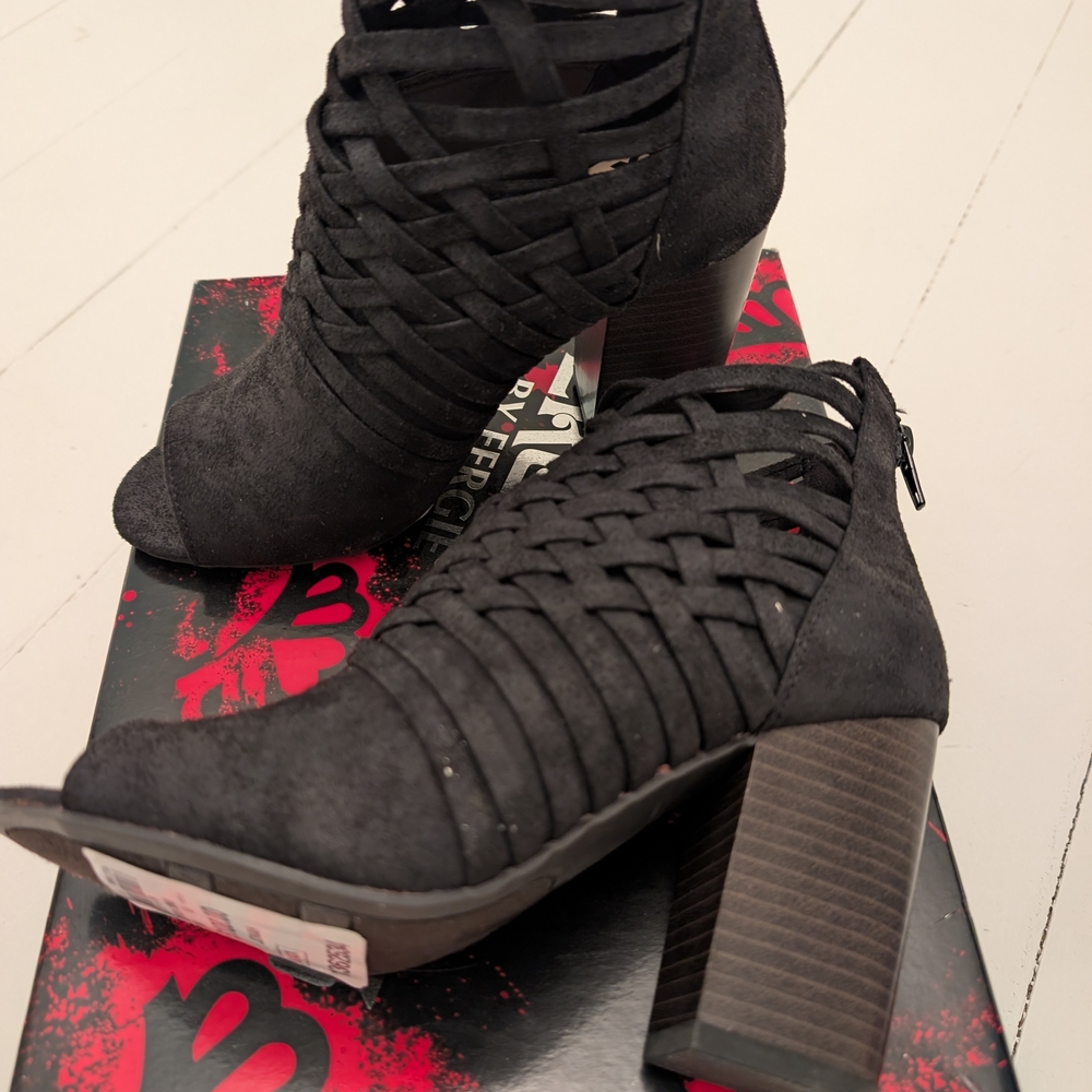 Woven Suede Peep-Toe Block Heel Bootie - Black